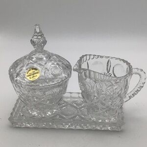 Vintage Leonard Handmade Lead Crystal Covered Sugar, Creamer and Tray Set